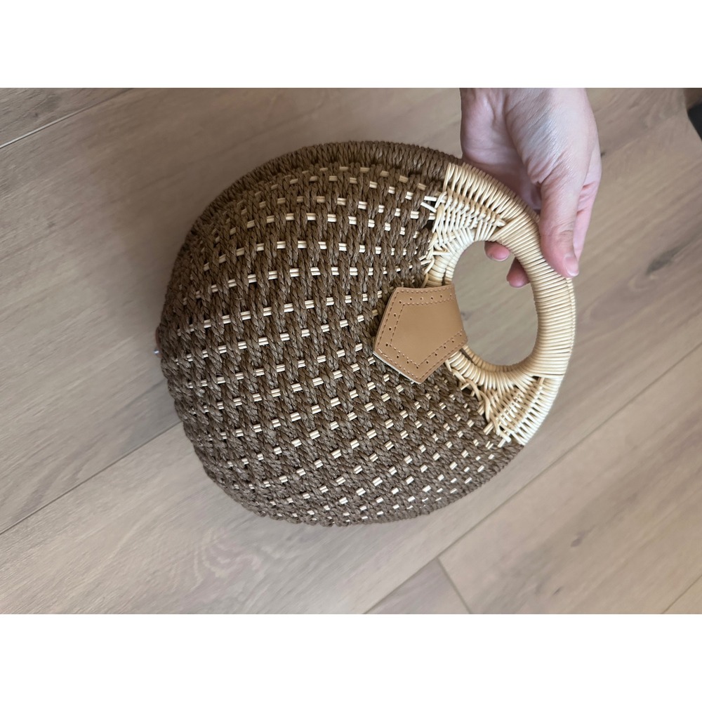 Woven Round Straw Handbag Brown Cream Rattan Ring Handle Boho Summer Circle Bag
